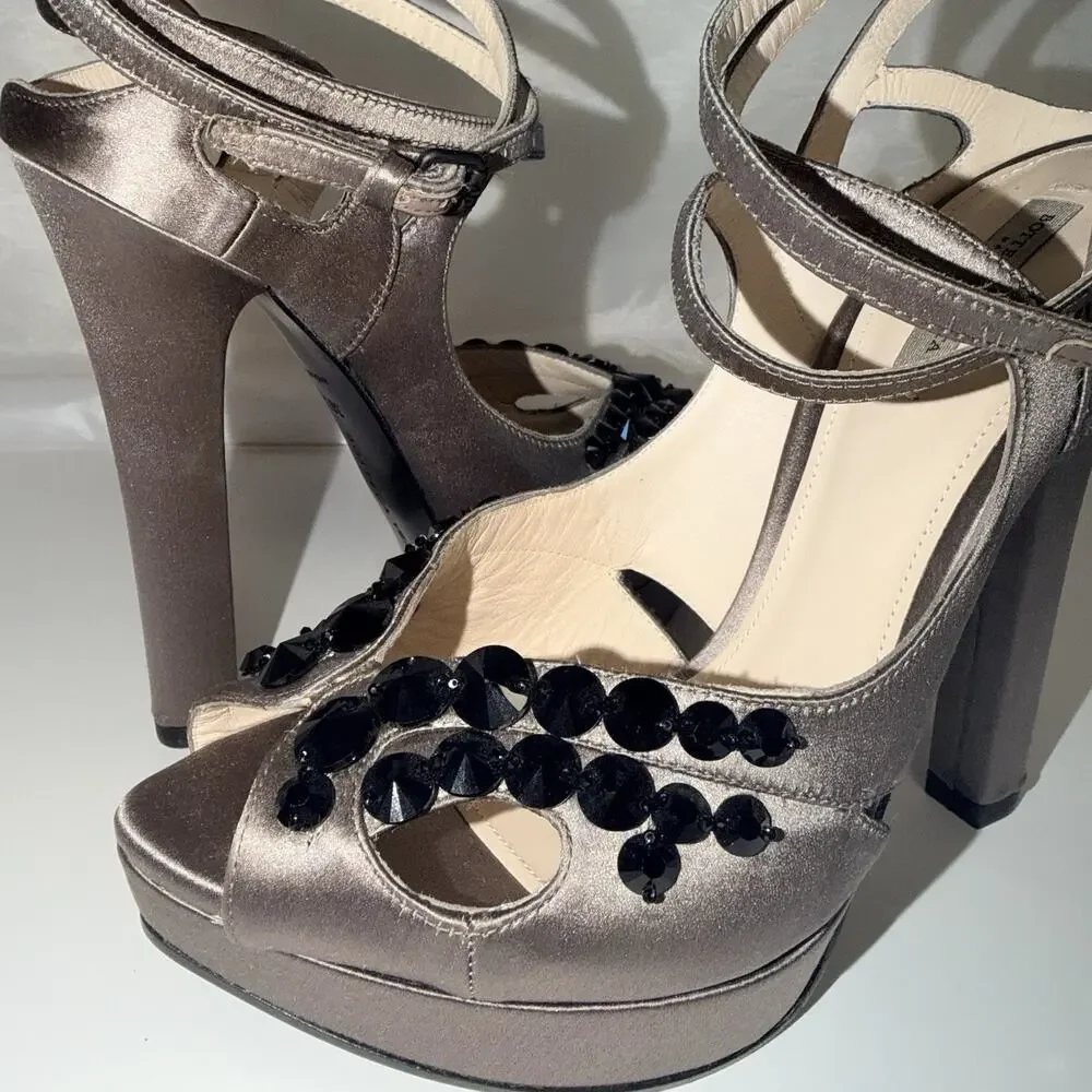 Bottega Veneta Grey Satin Embellished Bead Ankle Strap Platform Heels Sandal
